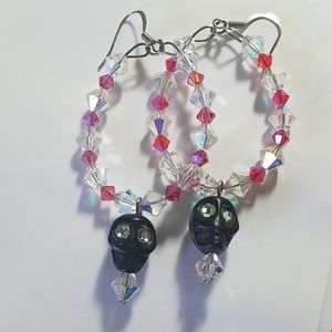 Handmade Skull Face and Swarovski Crystal Earrings